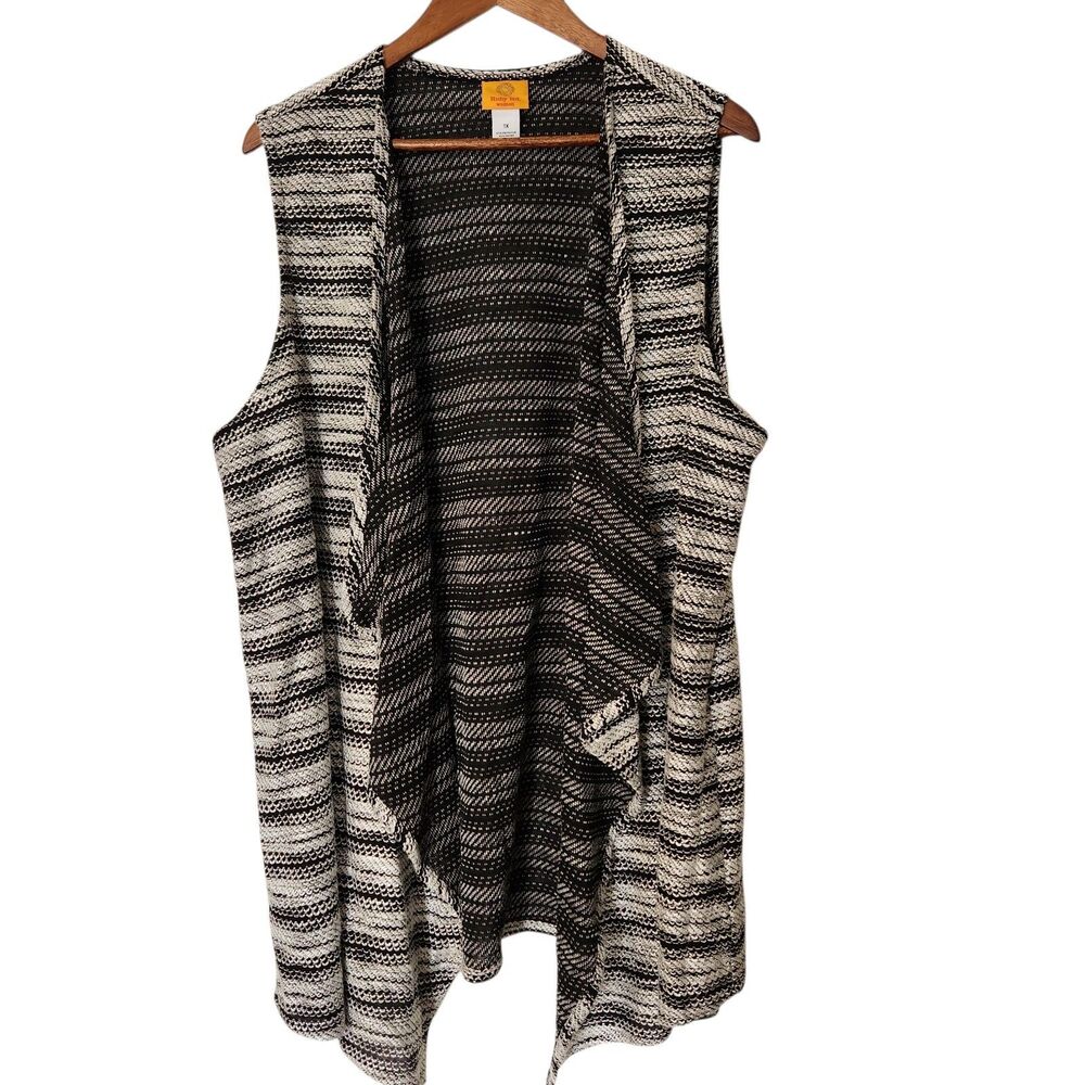 Ruby Red Woman Striped Knit Waterfall Open Front Sleeveless Long Cardigan 1X